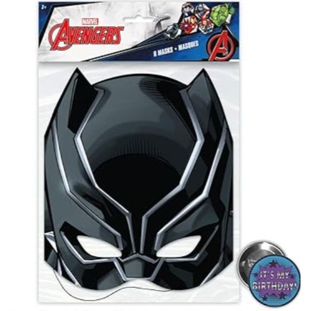 8 Marvel Avengers Black Panther Wakanda Party Masks plus Bonus Birthday Button